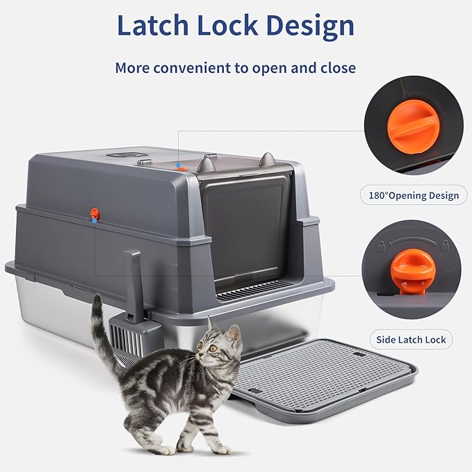 Extra Large Stainless Steel Litter Box with Lid, 28" L x 20" W x 17" H XXXL Enclosed Metal Cat Litter Box with Litter Scoop & Foot Pedal, Odor Control,Easy Cleaning Cats (Dark Grey)