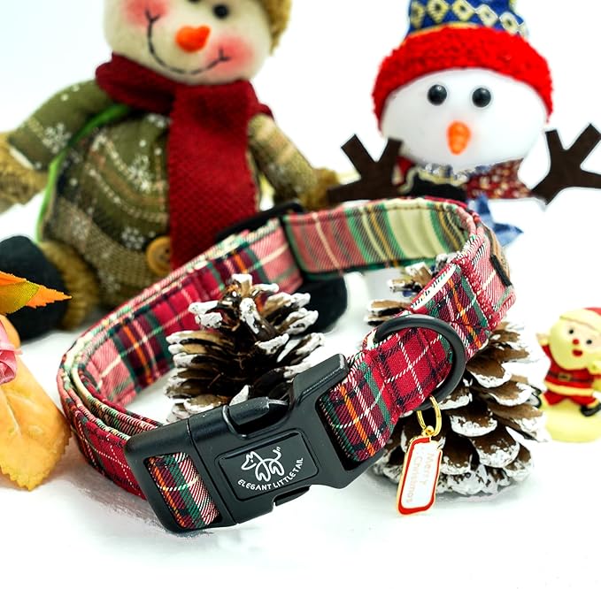 Elegant littlle Tail Christmas Dog Collar, Red Plaid Pet Collars Soft Cotton Winter Dog Collar with Quick Release Buckle Pet Puppy Collars for Small Medium Large Dogs
