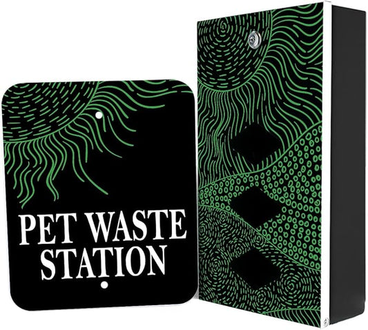 Dispense-Art™ Collection Rolling Hills - Black - Custom UV Printed Design on Rust-Proof Aluminum Starter Dog Waste Station/roll Bag System - Includes 400 Dog Waste Bags & 10x12 Sign