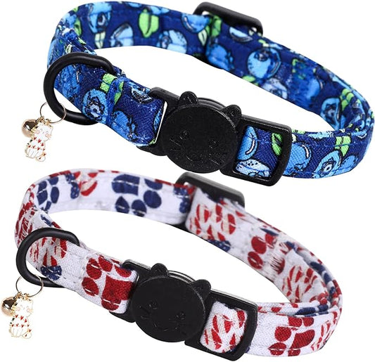 Elegant little tail 2 Pack Cat Collar- Blueberry Cotton Breakaway Cat Collars with Bell Pendant Kitten Boy Girl Safety Adjustable Collar for Small Cats Puppy