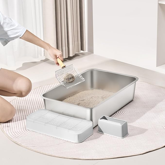 VEVOR 6'' Deep Stainless Steel Cat Litter Box,2 Pack XL Extra Large Metal Cat Litter Box for Big Cats,Non Sticky,Odor-Free &Easy-to-Clean,Include Filtering Foot Board & Scoop