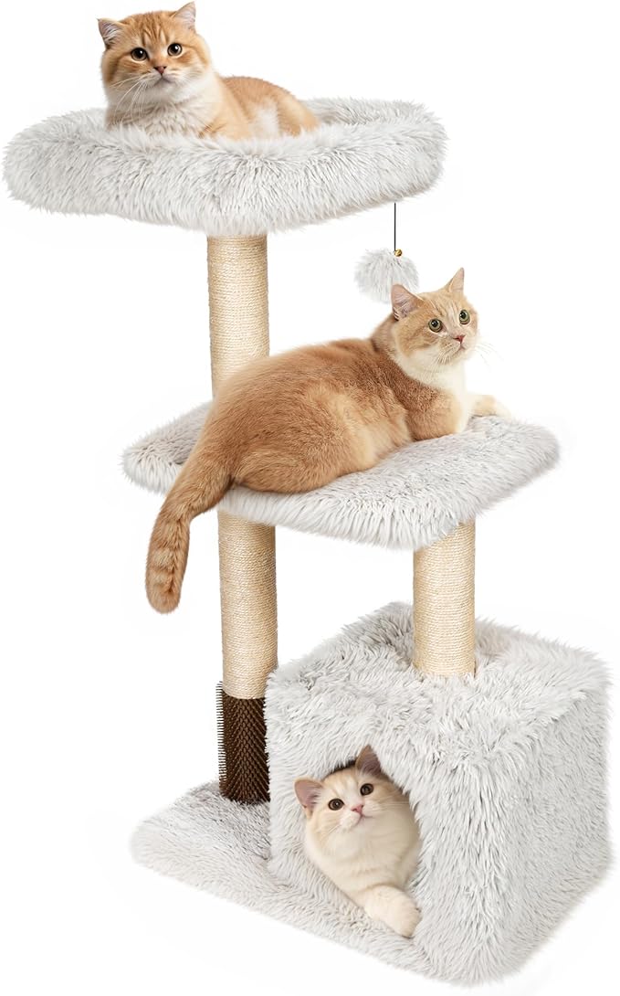KAMABOKO 41" Tall Cat Tree - Wooden Cat Trees Tower with Cat Condo, Hammock & Top Perch, Modern Tall Cat-Tree w/Natural Sisal Posts for Climb Scratch Play Rest