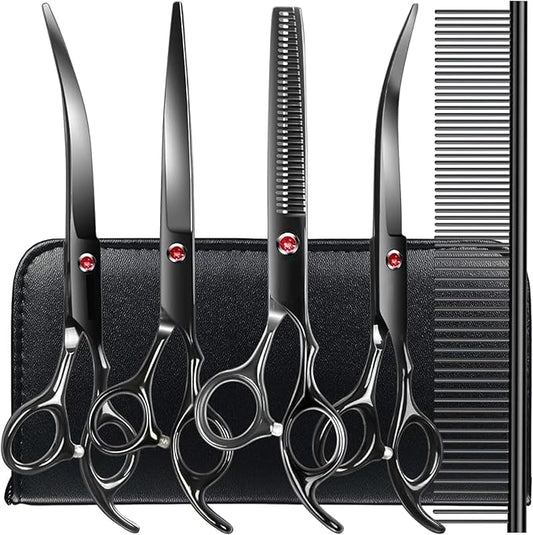 Professional Dog Grooming Scissors Kit Black 6 in 1, Dog Shears for Grooming 6CR Premium Stainless Steel Grooming Scissors Kit for Dogs Cat Pet