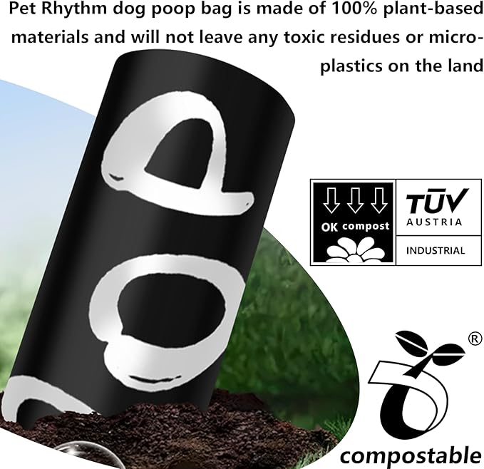 100% plant-based Dog Poop Bags Rolls, ASTM D6400 & EN 13432 Compliant, 240 Poop Bags including dispenser, 13 in × 9 in black poop bags for dogs, Super thick 100% leak proof