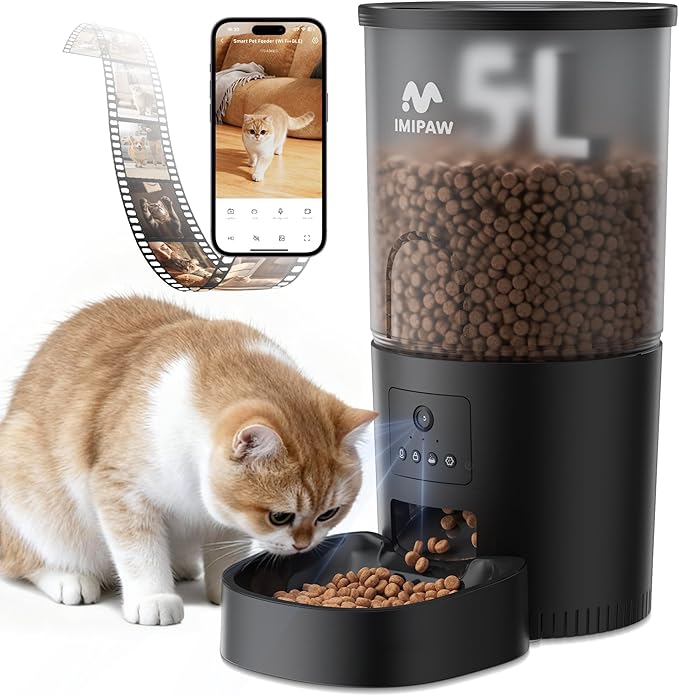 IMIPAW 5L Automatic Cat Feeder with Camera, 1080P HD AI Pet Recognition Recording, 5G WiFi APP Remote Control, Timed Programmable Food Dispenser, Two-Way Audio, Night Vision Function with Desiccant