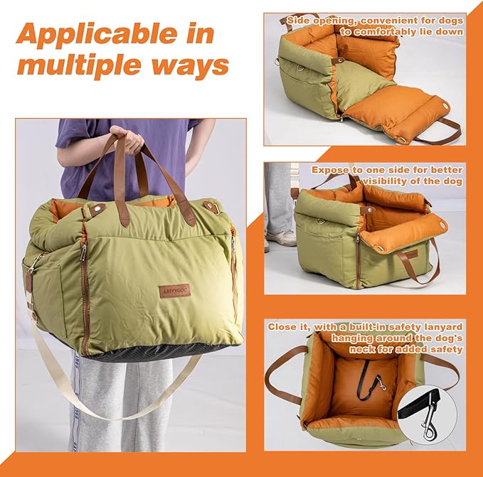 Dog Car Seat for Small & Medium Dogs, Waterproof Soft Leather Dog Car Bed with Harness Clip, Travel Bed & Carrier Bag for Pets, Fits Pets Up to 35 lbs (Green, Small & Medium)