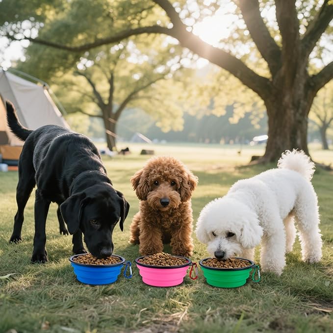 3 Pack Collapsible Dog Travel Bowls, 22oz Large Foldable Dog Water Bowls Portable Pet Food and Water Bowl with Clasp for Traveling Walking Hiking (3 Colors)