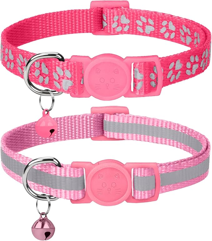 Taglory Reflective Cat Collar Breakaway with Bells, 2 Pack Girl Boy Pet Cat Collar Adjustable 7.5-12.5 Inch, Pink