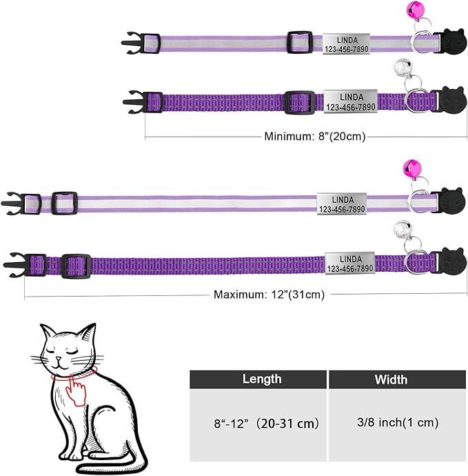 Cat Collar Personalized - Breakaway Reflective Cat Collar with Bell-Custom Cat Collars Engraved with Name and Phone, Adjustable for Cats and Kitten