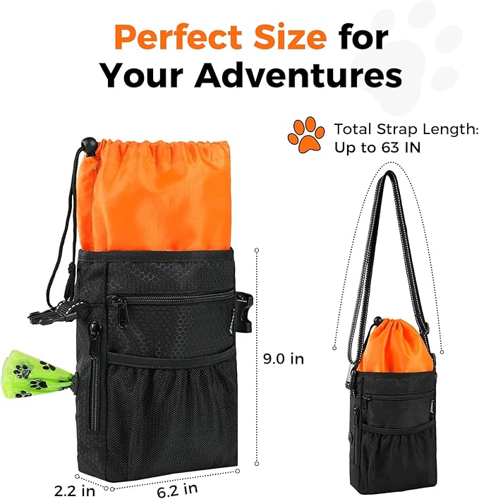 Aosbos Dog Treat Pouch with Built-in Poop Bag Dispenser & Easy-Clean Liner - Dog Training Treat Bag with Reflective Strap & Belt Clip, Black Orange