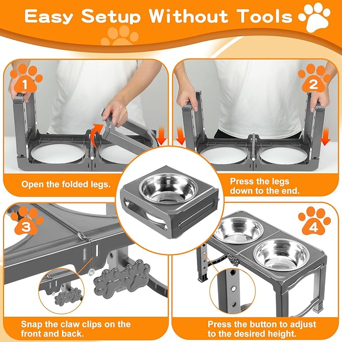 Elevated Dog Bowls with 2 Thick 50oz Stainless Steel Food Bowls, Raised Stand Adjusts to 5 Heights(3.9", 8.8", 10.4", 11.9", 13.4") for Medium and Small Dogs, Grey