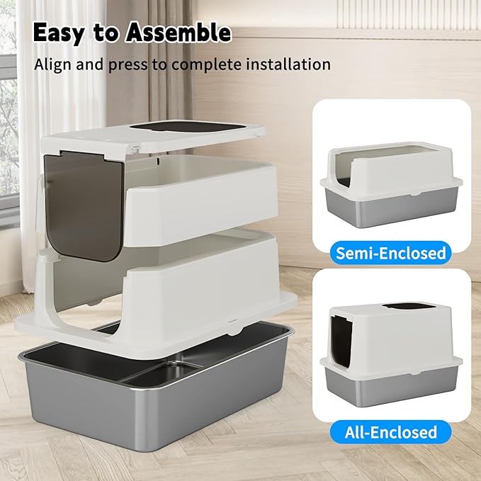 RIZZARI Stainless Steel Litter Box: 23.8" × 11.7" × 16.1" Beige Non-Stick Litter Pan with Cat Litter - Easy to Clean for Apartments - Multi-Cat Homes