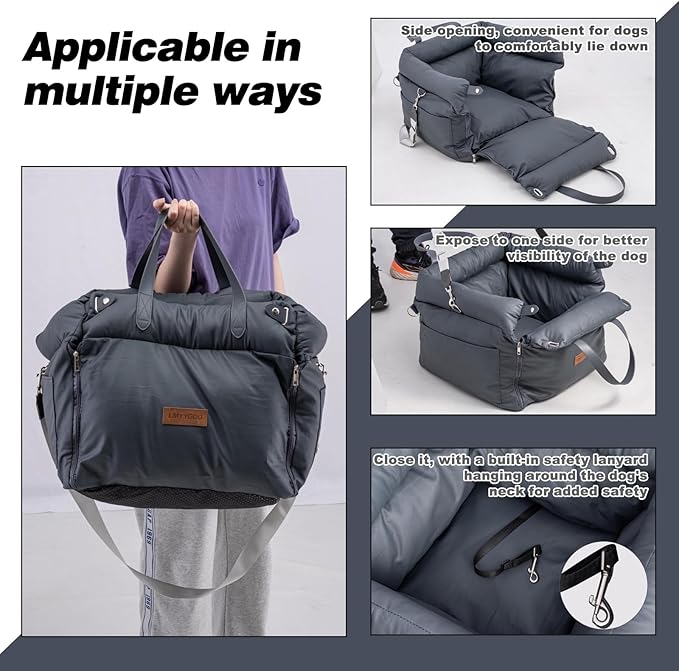 Dog Car Seat for Small & Medium Dogs, Waterproof Soft Leather Dog Car Bed with Harness Clip, Travel Bed & Carrier Bag for Pets, Fits Pets Up to 35 lbs (Navy Blue, Small & Medium)