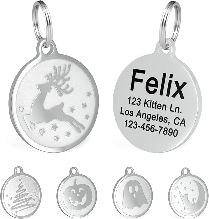 Ultra Joys Engraved Cat Name Tags Personalized - Stainless Steel Name Tag Pet Identification - Small Dog ID Tags Personalized for up to 4 Lines of Text - Pet ID Tags for Cat Collar - Reindeer