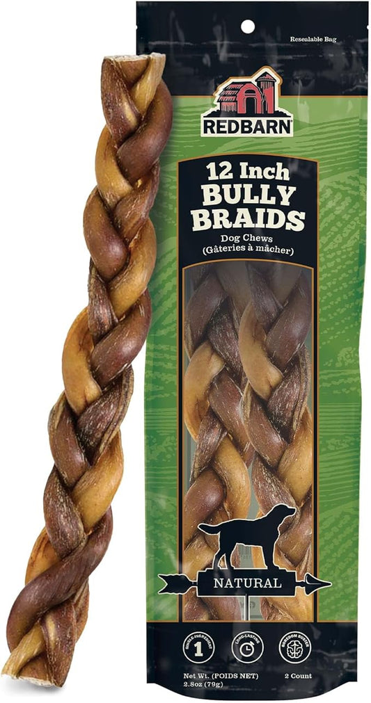 Redbarn 12" Premium Braided Bully Sticks for Dogs - Natural Single Ingredient Braid Treats, Long-Lasting Chews Made from Slow Roasted Beef, Rawhide-Free and Low Odor – 2 Count