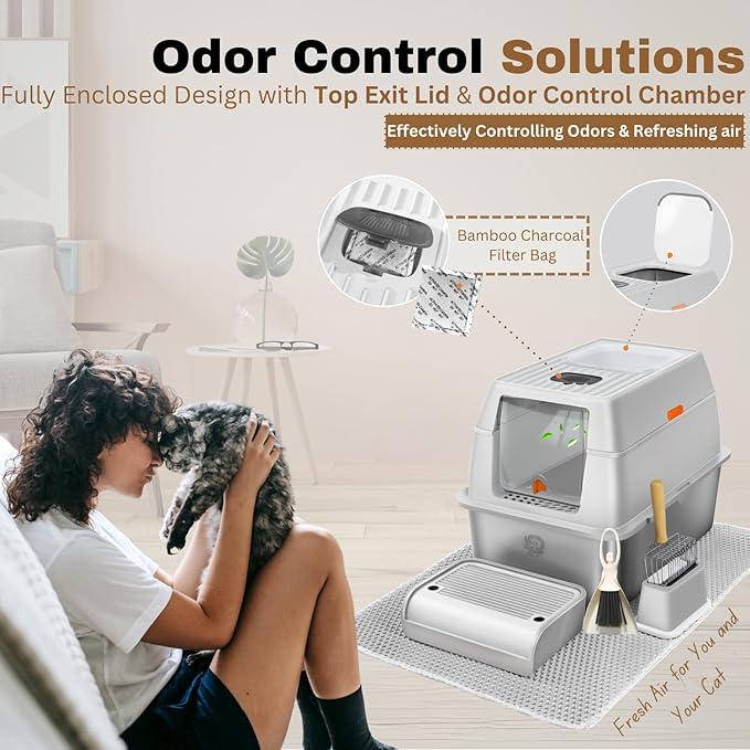 XL Stainless Steel Litter Box with Lid, Fully Enclosed 6" Deep Metal Cat Litter Box, Leak-Proof, Clumping Litter for Large, Multi-Cats, with Litter Mat, Scooper & Brush (6" Light Gray XL)