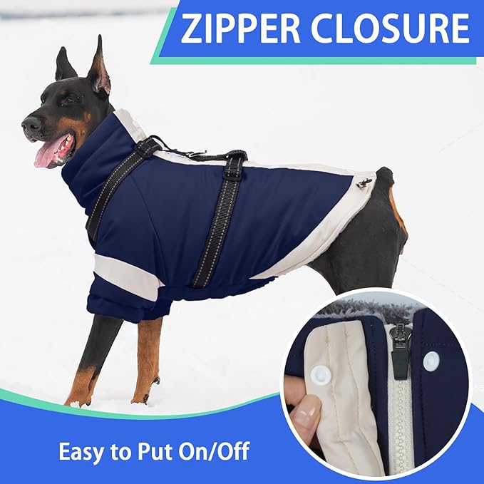 MIGOHI Dog Coat with Harness Built in, 2-in-1 Water-Resistant Dog Jacket, Reflective Snowsuit for Large Dogs, Fleece Lined with Turtleneck, Adjustable Buckle Coats, Border Collies, Navy Blue, XL