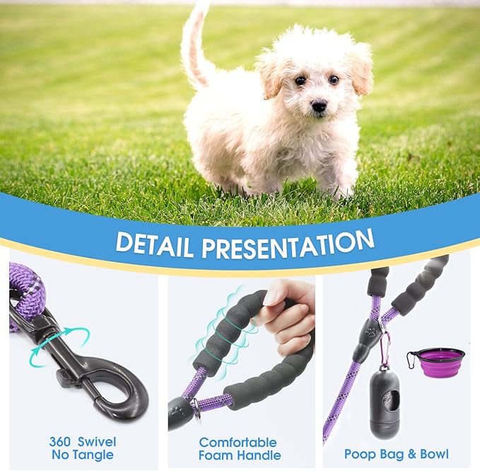 BAAPET 2 Packs 5/6 FT Dog Leash with Comfortable Padded Handle and Highly Reflective Threads Dog Leashes for Small Medium and Large Dogs (5FT-1/3'', Black+Purple)