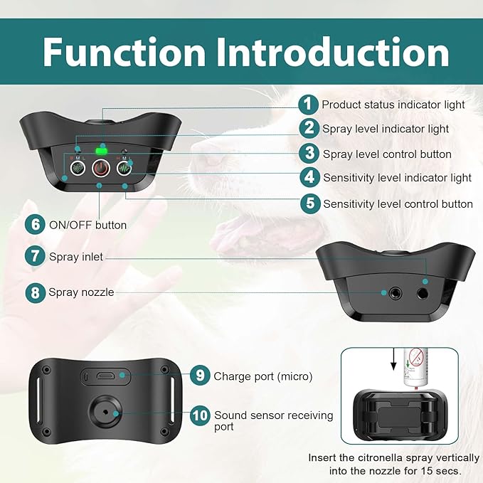 Citronella Bark Collar for Dogs, [No Spray Refill] Spray Dog Training Collar, Humane Citronella Dog Barking Collars, Safer Anti Barking Collar for L/M/S Dogs