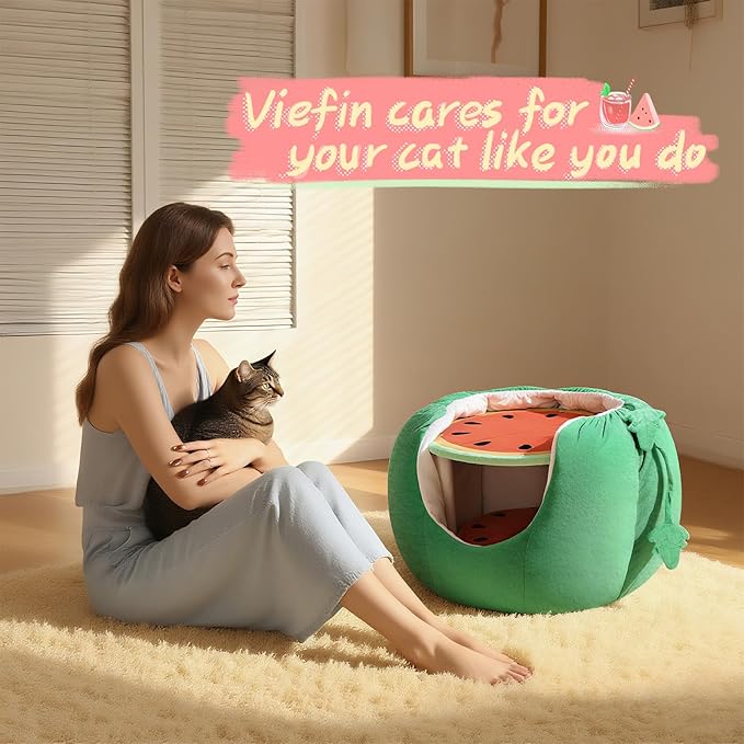 Cat Houses for Indoor Cats, Small Cat Tree with Sisal Ropes and Plush Perch, Cute Cat Bed Cave with Soft Pillow, Watermelon Design