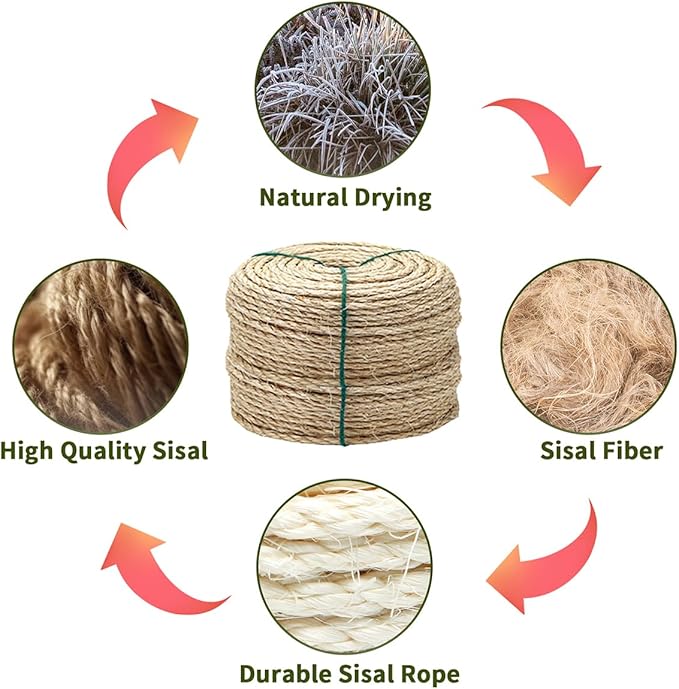 1/6 Inch Natural Sisal Rope, 164-Feet, 50m, for Cat Scratching Post, Tower, DIY Hemp Twine, Replacement, Sisal Fiber, Biodegradable, 4mm Diameter