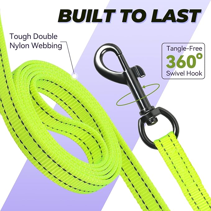 VIVAGLORY Twingrip Dog Leash, Double Handle Dog Leash for Training & Walking with Traffic Handle & 2 Loop, Traffic Control Reflective Heavy Duty for Puppy Pet, 4ft x 1/2in, Bright Yellow