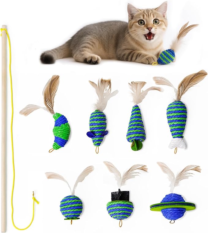 UTEE Cat Toy Set – Interactive Feather Toys, Jingle Balls & Teaser Wand, Eco-Friendly Paper Rope, Stimulating Indoor Cat Toy Pack for Exercise & Bonding (Green & Blue)