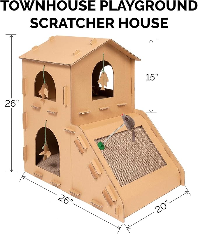 Furhaven Multi-Level Cardboard Cat House w/ Catnip for Indoor Cats, Ft. Scratching Pads & Toys - Townhouse Corrugated Cat Scratcher Hideout - Cardboard Brown, One Size