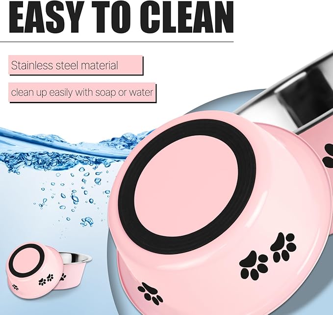 Stainless Steel Dog Bowls, Nonslip Rubber Bottom No Spill Proof Skid Metal Insulated Dog Bowls for Large Medium Small Breed Dogs (Pink, 8.5 Cups/71 OZ)