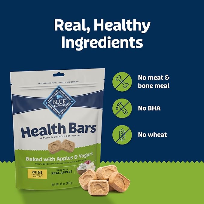 Blue Buffalo Health Bars Mini Crunchy Dog Biscuits, Oven-Baked with Natural Ingredients, Apples & Yogurt, 32-oz Bag