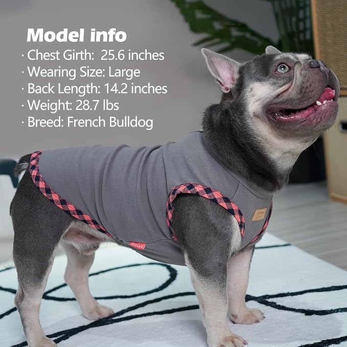 KYEESE Dog Shirt (2Pack Grey+Pink, Large) - Stretchy Velvet Pullover Vest, Lightweight Fleece, Sleeveless, Plaid Binding, Button Decoration, Breathable, Comfortable, for Small Dogs