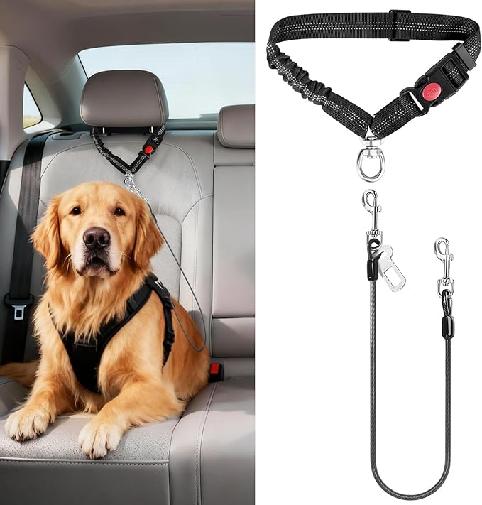 Idepet Dog Seat Belt for Car, 2 Pcs Stainless Steel Chew Proof Dog Seatbelt 3 in 1 Harness for Safety Heavy Duty Pet Seat Belt for Medium & Large Dogs (Black)