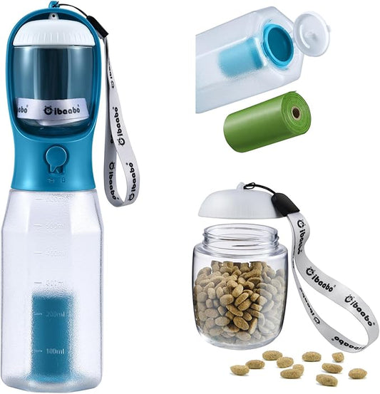 Dog Water Bottle with Food Container & Poop Bag Holder, Travel Water Bowl, Portable Pet Dispenser, Dog Gifts Stuff Accessories Items, Puppy Essentials for Yorkie Chihuahua Walking Hiking