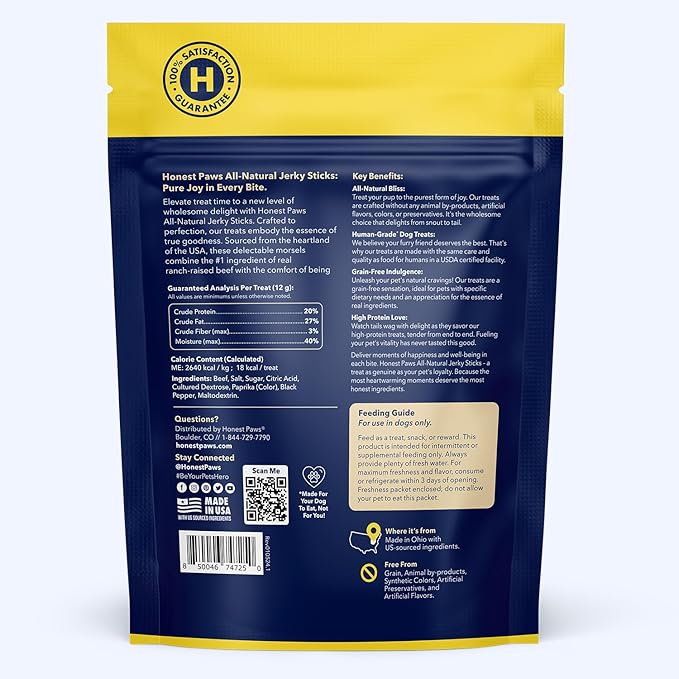 Honest Paws Dog Jerky Treats - All-Natural Jerky Dog Treats for Training Pets - Human Grade Sticks - Real USA Beef