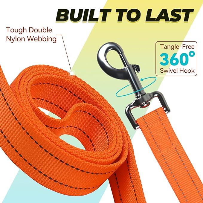 VIVAGLORY Twingrip Dog Leash, Double Handle Dog Leash for Training & Walking with Traffic Handle & 2 Loop, Traffic Control Reflective Heavy Duty for Puppy Pet, 6ft x 1in, Orange