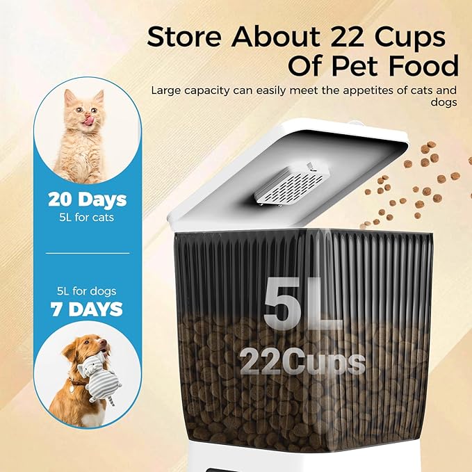 Automatic Cat Feeder with Camera, 5L Smart Dog Food Dispenser with App Control, 1080P Night Vision, Two-Way Audio. 22 Cups Large Hopper, Motion Detection, Timer (5L Double Bowl)