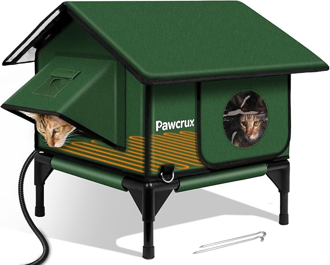 100% Waterproof Heated Cat House for Outdoor with Safe Escape Door, Heated Cat Bed Weatherproof Cat Shelter Kitty with Cat Heating Pad, Insulated Warm House for Feral Cat (Green, S)