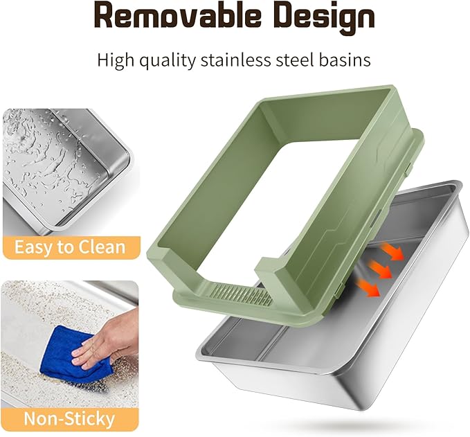 Stainless Steel Litter Box, XXXL 27.6" H x 19.7" W x 11.8" H Extra Large Metal High Sided Cat Litter Box with Scoop, Leak-Proof, Easy Clean for Big Cats/Multiple Cats (Green)