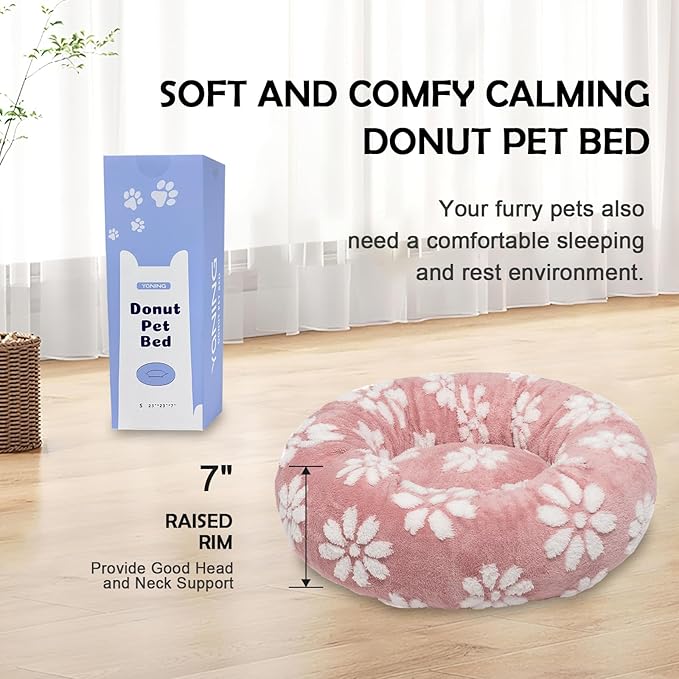 Donut Dog Beds for Small Dogs, Calming Round Cat Beds for Indoor Cats, Cute 3D Textured Flower Pet Bed with Removable Washable Cover and Anti-Slip Bottom（Pink，23"）