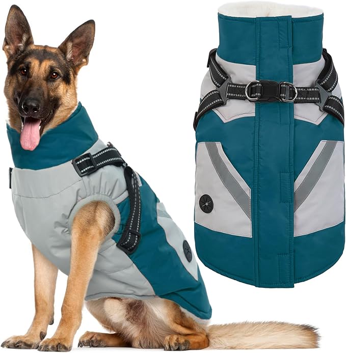 IECOii Dog Coat for Large Dogs Waterproof Dog Winter Jacket with Harness Built in, Turquoise Green - XXLarge, Thermal Warm Fleece Lined, Reflective Dogs Jackets for Cold Weather Hiking, Pitbull