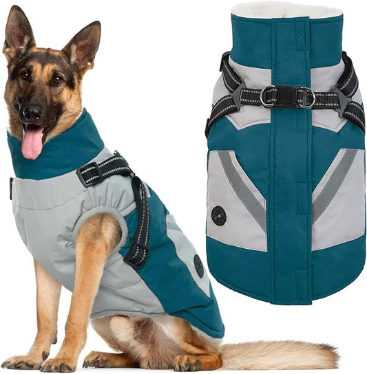 IECOii Dog Coat for Large Dogs Waterproof Dog Winter Jacket with Harness Built in, Turquoise Green - XXLarge, Thermal Warm Fleece Lined, Reflective Dogs Jackets for Cold Weather Hiking, Pitbull
