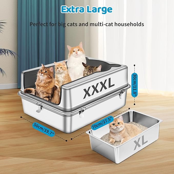 Extra Large Stainless Steel Litter Box, XXXL 27.5" L x 19.7" W x 11.8" H Semi Enclosed Removable Metal Cat Litter Box with High Sided Enclosure, Scoop, Anti-Leakage, Non-Sticky, Easy Cleaning