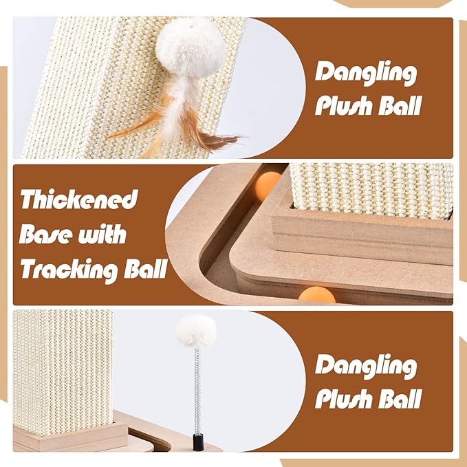 27" Cat Scratching Post, Sisal Cat Scratcher with Interactive Track Balls and Hanging Balls, Vertical Scratching Posts for Indoor Cats and Kittens