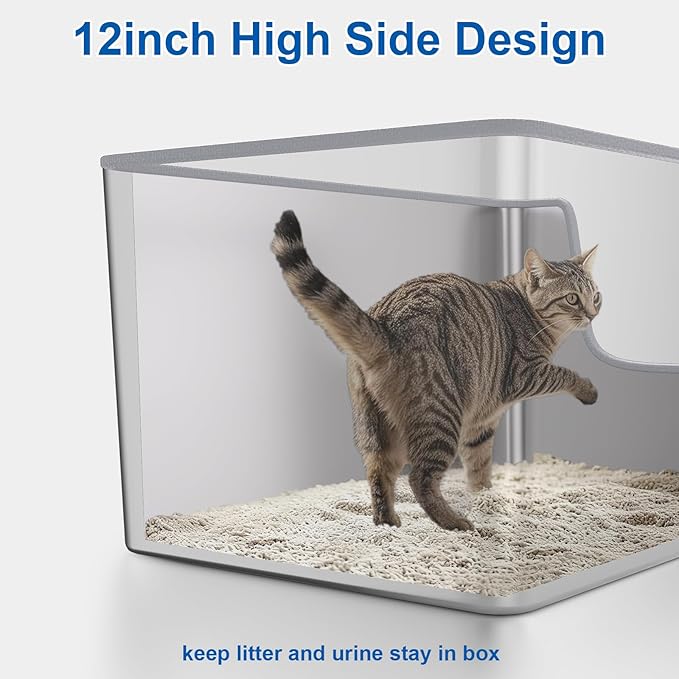 XXL Stainless Steel Cat Litter Box with High Side,No Sharp Edges for Big Cats,One-Piece Deep Metal Litter Box with Curved Low Entry,Anti-Leakage,Non-Sticky,Easy Cleaning(Side Entry)