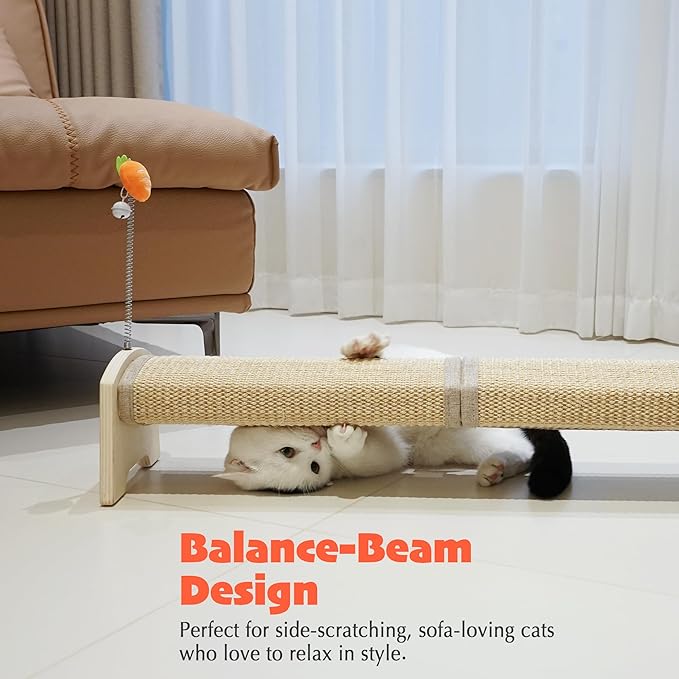 PETKARAY Horizontal Scratching Post, 30" Sisal Cat Scratch Pad, Large Floor Mounted Cat Scratcher with Spring Toy, Protect Furniture for Indoor Kitten