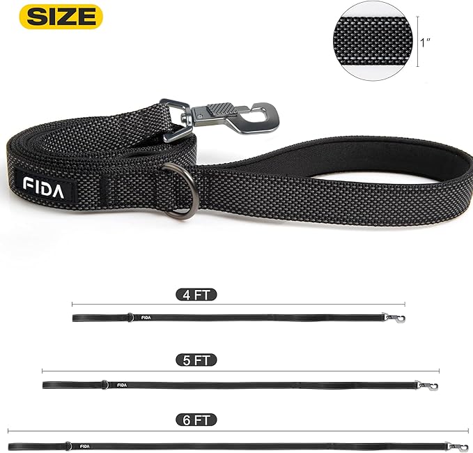 Fida 4 FT Heavy Duty Dog Leash with 2 Comfortable Padded Handles, Traffic Handle & Advanced Easy Snap Hook, Reflective Walking Lead for Large, Medium & Small Breed Dogs (4 FT x 1" Wide, Black)