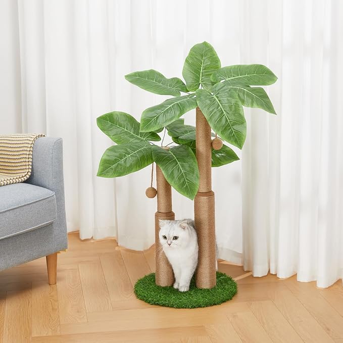 29.7inch Cat Scratching Post,Cat Scratcher Cat Tree with 2 Sisal Scratching Poles & 2 Interactive Dangling Balls,Cats Scratching Posts for Indoor Kitten & Adult Cats (2 Posts Banana Tree)