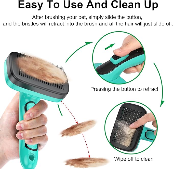 Self Cleaning Slicker Brush for Dogs and Cats - Skin Friendly Shedding & Grooming Tool for Long and Short Haired Pets,Easy Clean Retractable Bristles,Green