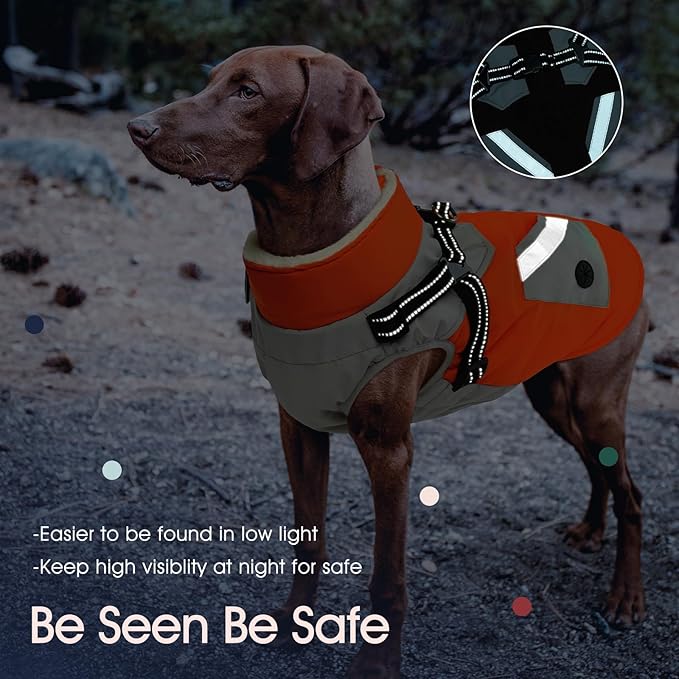 IECOii Dog Coat for Large Dogs, Orange, X-Large - Waterproof Winter Fleece Jacket with Harness, Turtleneck, Reflective Straps, Zipper Closure