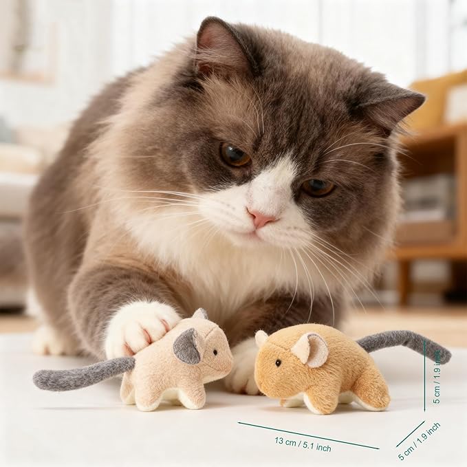 Plush Catnip Mice Toys with Rattle Sound - 2 Pcs Interactive Cat Toys for Indoor Cats, Durable Stress Relief Eco-Friendly Small Mouse Chew Playthings（with Catnip Bag）
